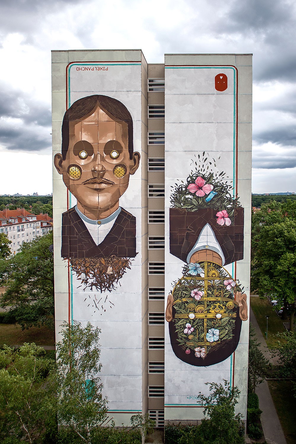 Italian artist Pixel Pancho paints a wall for Urban Nation "One Wall" series at Gewobag housing project at Neheimer Straße 13, in Berlin, Germany, in July 2016.   #OneWall #UrbanNation #UrbanNationBerlin #PixelPancho @PixelPancho   #MuseumofUrbanAndContemporaryArt #streetart   photo by Nika Kramer