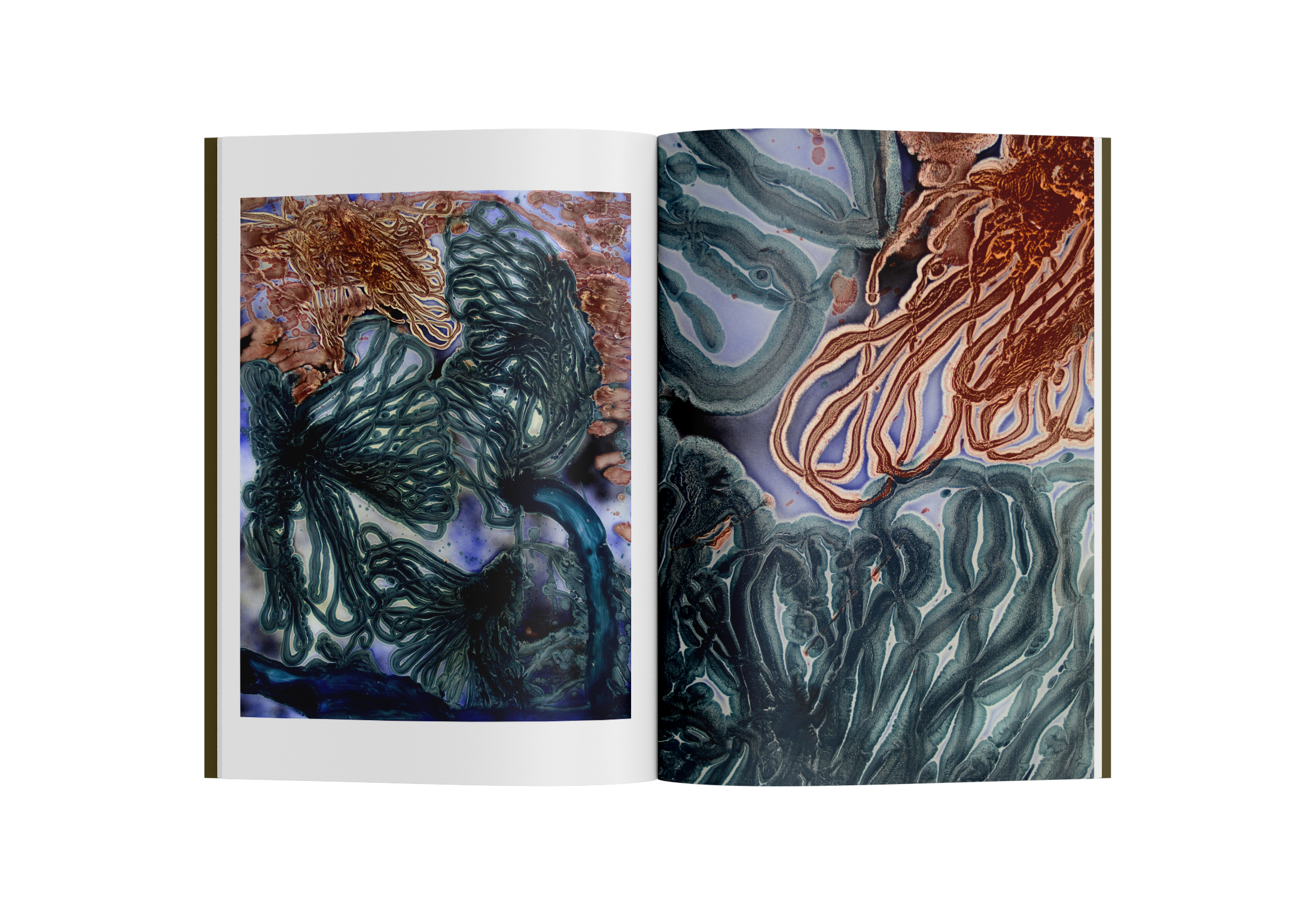 Open art-book spread with layered abstract works in deep blue, brown and violet.