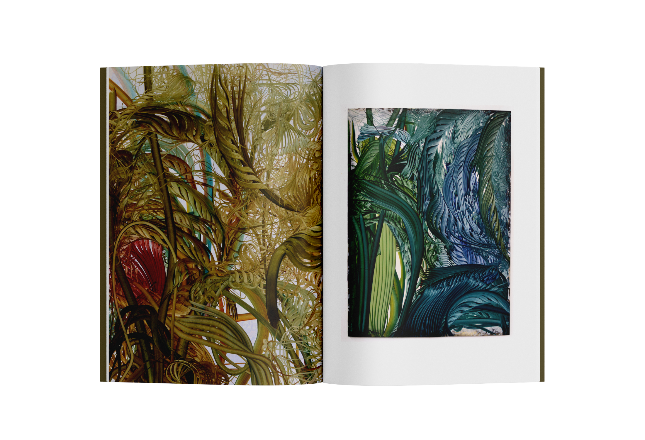 Open art-book spread showing dense yellow-green lines and a blue-green painting.