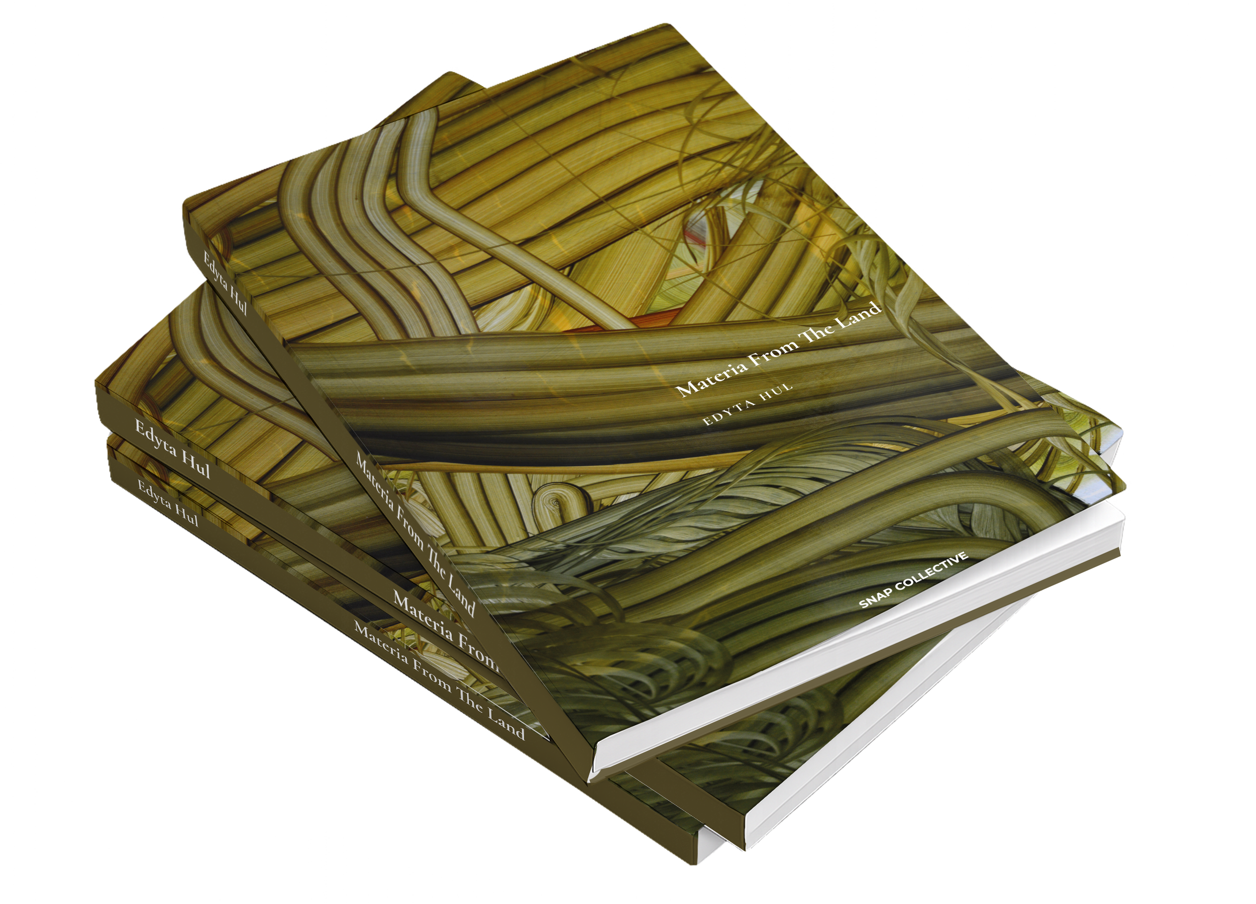 Two copies of Edyta Hul’s Materia From The Land art book with an olive and ochre abstract cover.