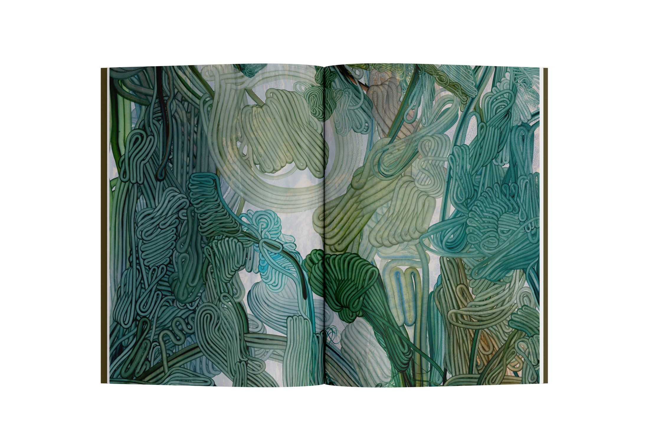Open art-book spread filled with intertwining green and turquoise forms.
